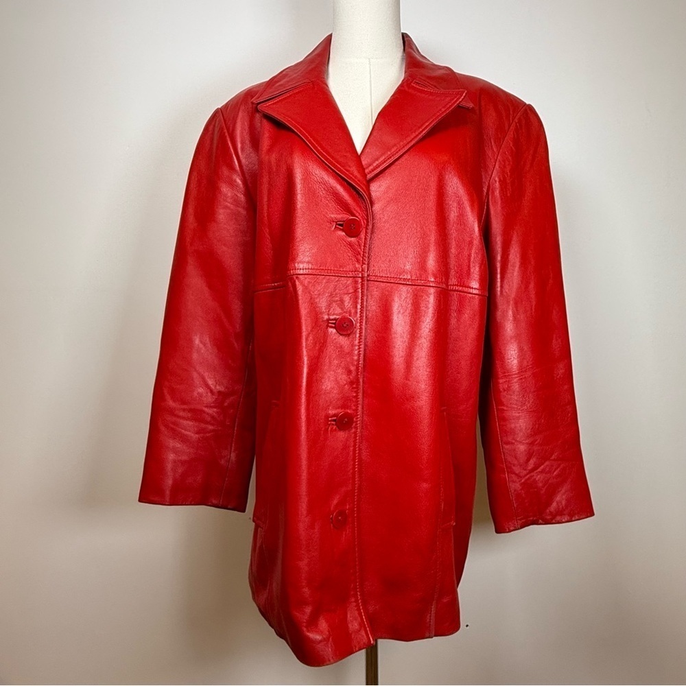 Vintage Studio Retro 80’s Red Leather Jacket Padded Shoulders Womens Size Large - Picture 2 of 10